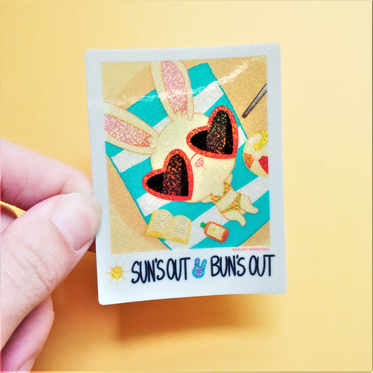 Sun's Out Bun's Out 2022 Limited Edition Sticker. Holographic Glitter Effect. Shiny Beach Sand Sparkles.