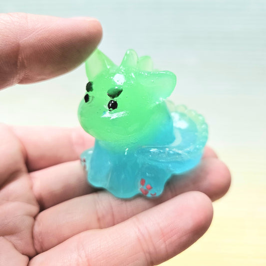 Glow Blue/Green Translucent Dinocat Mini Figure. Handmade. Glows in The Dark.
