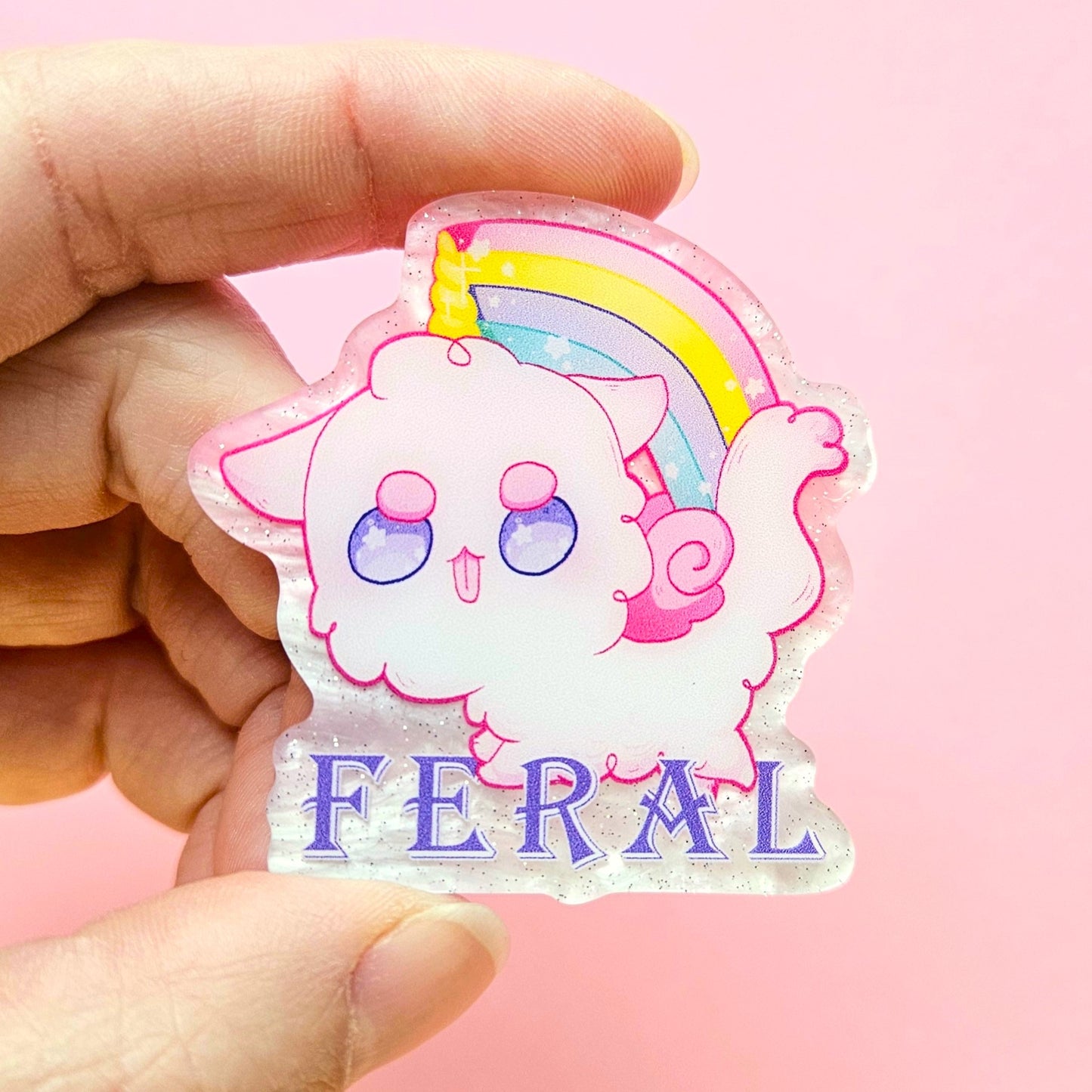 Feral Cat Alicorn Pin. Pink Pearl Acrylic Pin.