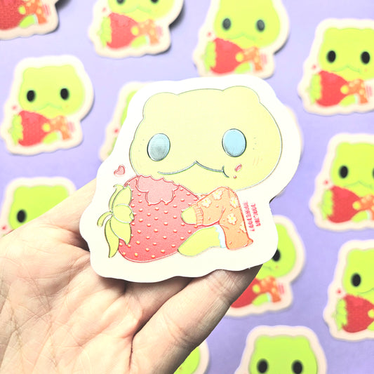 Frog Eating a Strawberry 2025 Limited Edition Sticker. Raised Texture Effect.