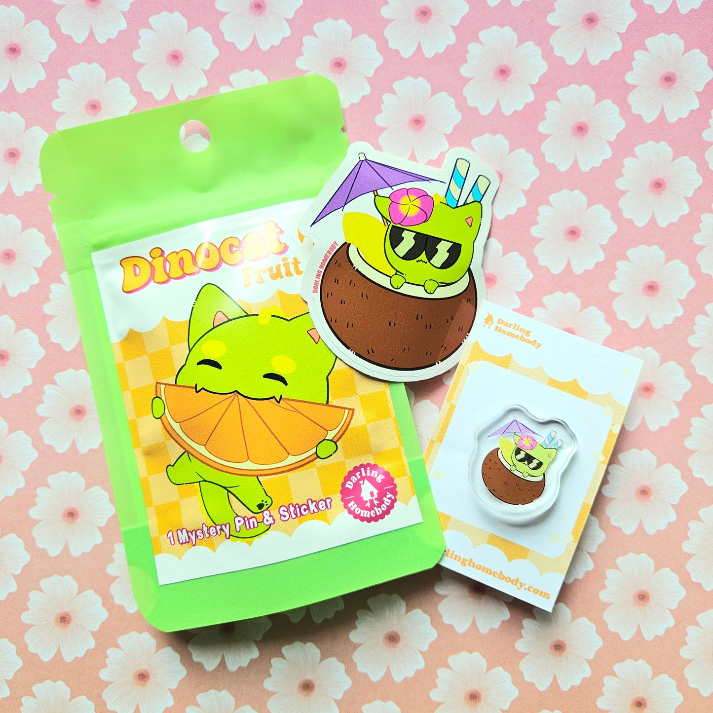Dinocat Fruit Pin and Sticker Set