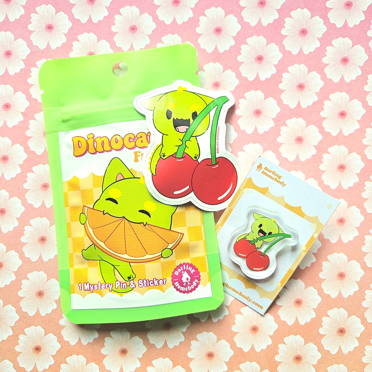 Dinocat Fruit Pin and Sticker Set