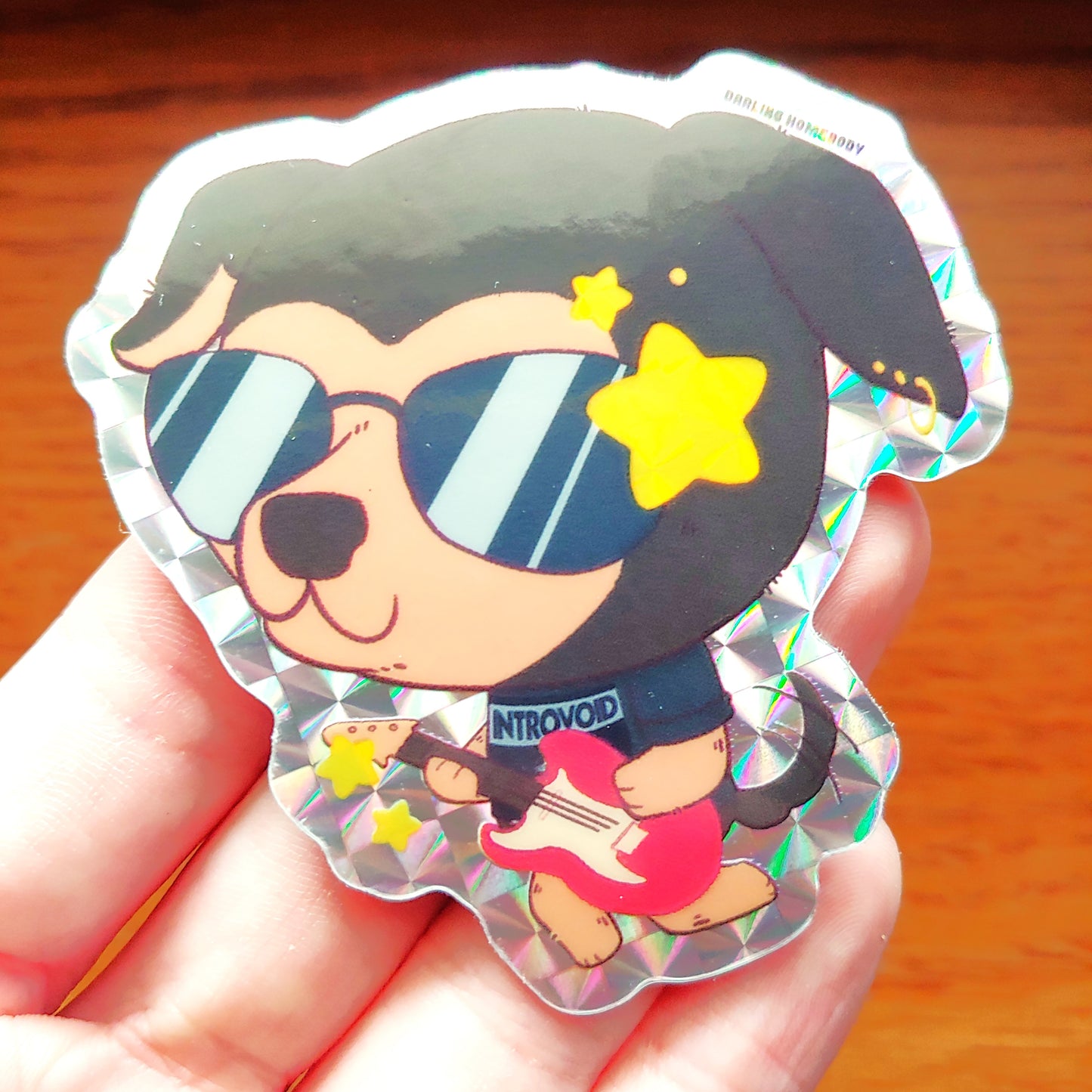 Guitar Solo Dog 2023 Limited Edition Sticker. Plaid Holographic Effect.