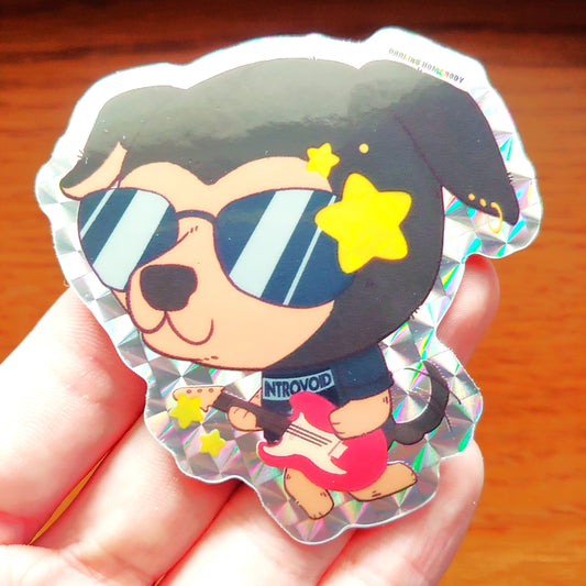 Guitar Solo Dog 2023 Limited Edition Sticker. Plaid Holographic Effect.