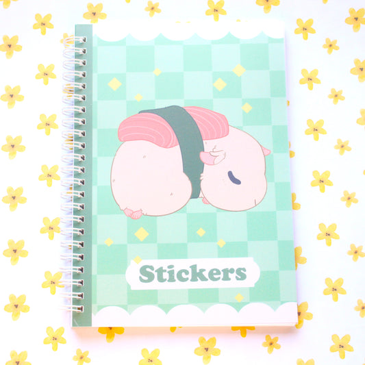 50 Page Sticker Keeper Book. Sleepy Sushi Guinea Pig. Reusable Sticker Album.