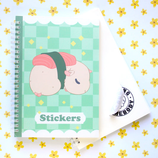 50 Page Sticker Keeper Book. Sleepy Sushi Guinea Pig. Reusable Sticker Album.