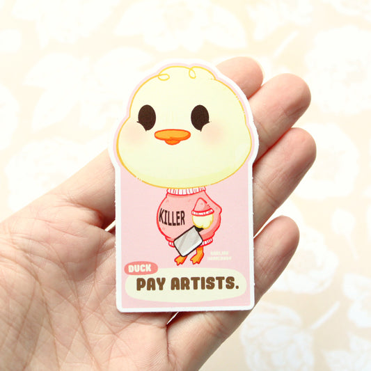 Pay Artists Sticker. Pink Killer Duck Decal. Cute Duck with a Knife.