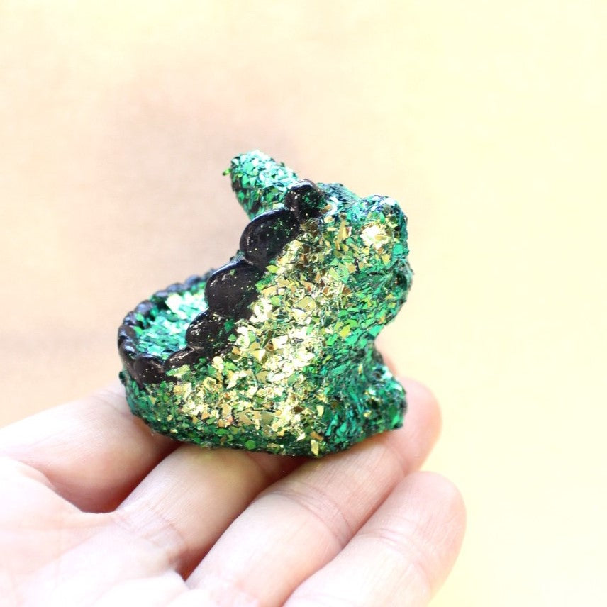 Moody Emerald Geode Dinocat Figure. Handmade Resin Art Toy Mini Fig / Adorable Cat Dinosaur / Desk Decoration Collectable / Chibi