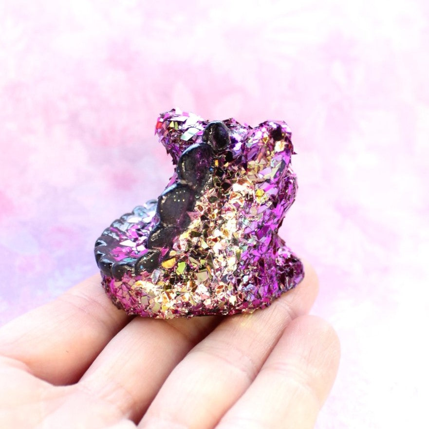 Moody Sapphire Geode Dinocat Figure. Handmade Resin Art Toy Mini Fig / Adorable Cat Dinosaur / Desk Decoration Collectable / Chibi