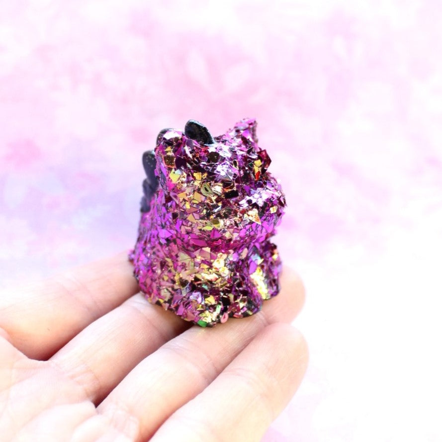 Moody Sapphire Geode Dinocat Figure. Handmade Resin Art Toy Mini Fig / Adorable Cat Dinosaur / Desk Decoration Collectable / Chibi