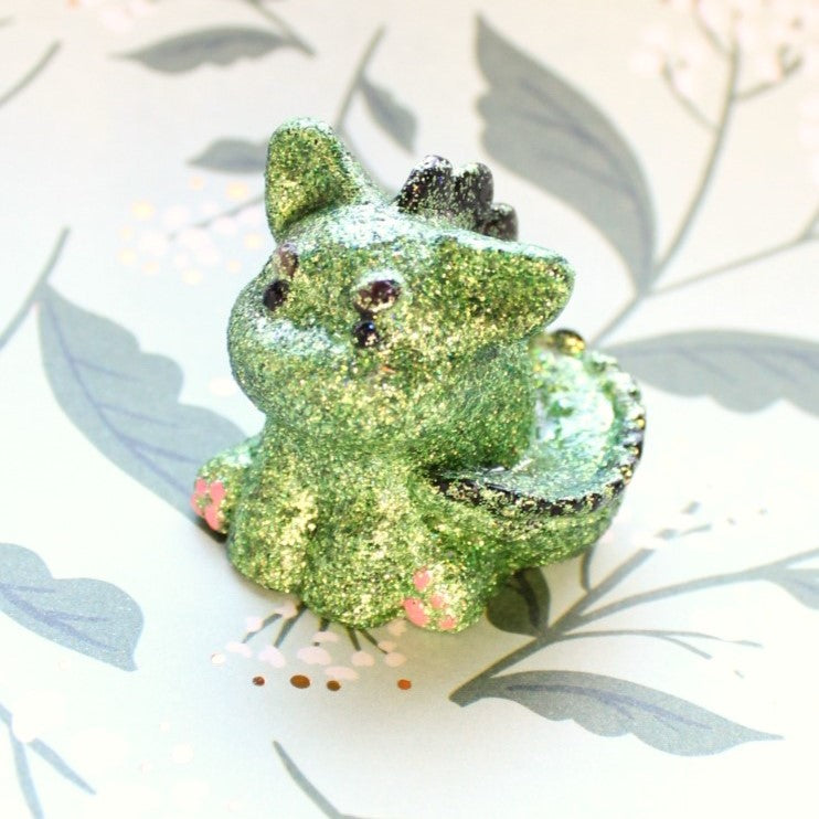 Moody Green Glitter Dinocat Figure. Handmade Resin Art Toy Mini Fig / Adorable Cat Dinosaur / Desk Decoration Collectable / Chibi