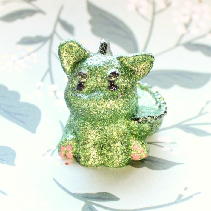 Moody Green Glitter Dinocat Figure. Handmade Resin Art Toy Mini Fig / Adorable Cat Dinosaur / Desk Decoration Collectable / Chibi