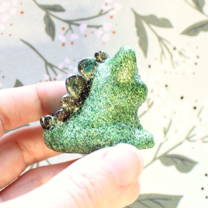 Moody Green Glitter Dinocat Figure. Handmade Resin Art Toy Mini Fig / Adorable Cat Dinosaur / Desk Decoration Collectable / Chibi