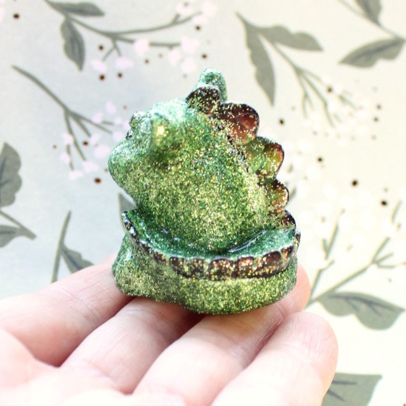 Moody Green Glitter Dinocat Figure. Handmade Resin Art Toy Mini Fig / Adorable Cat Dinosaur / Desk Decoration Collectable / Chibi