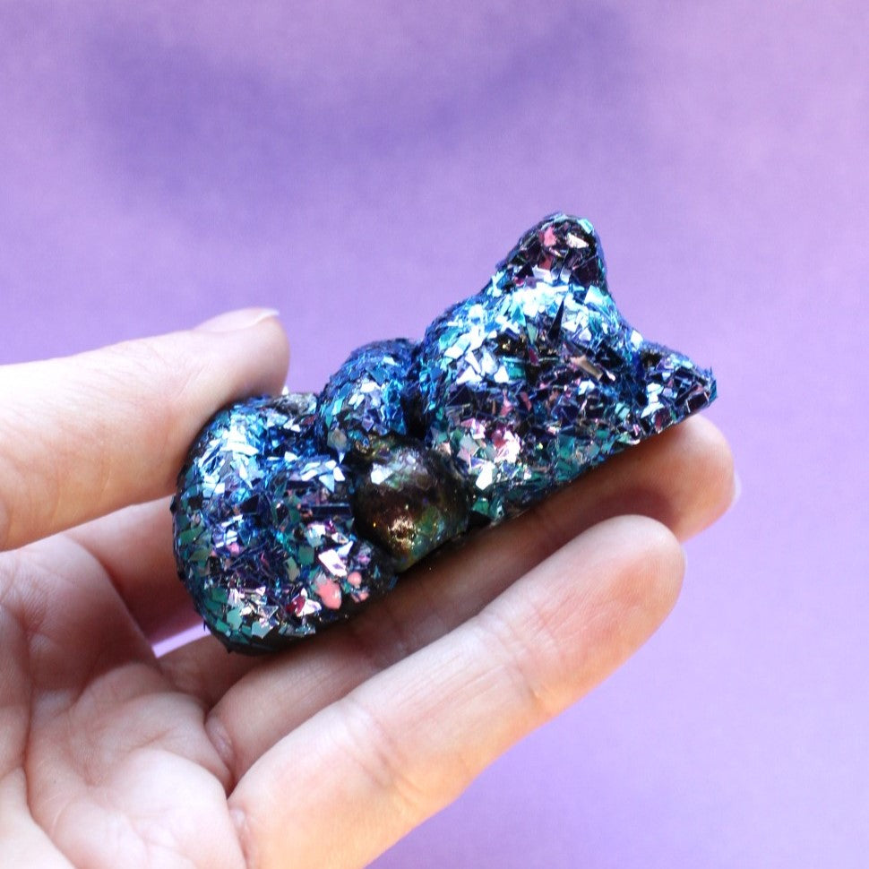 Moody Tourmaline Geode Mercat Figure. Handmade Resin Art Toy Mini Fig. Desk Decoration Collectable. Chibi