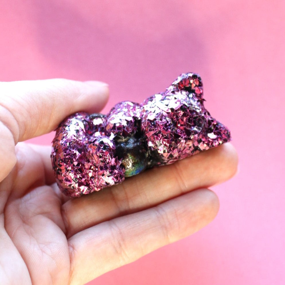 Moody Rubellite Geode Mercat Figure. Handmade Resin Art Toy Mini Fig. Desk Decoration Collectable. Chibi