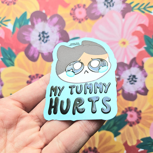 My Tummy Hurts Cat Embossed Sticker. Fun Textured Decal