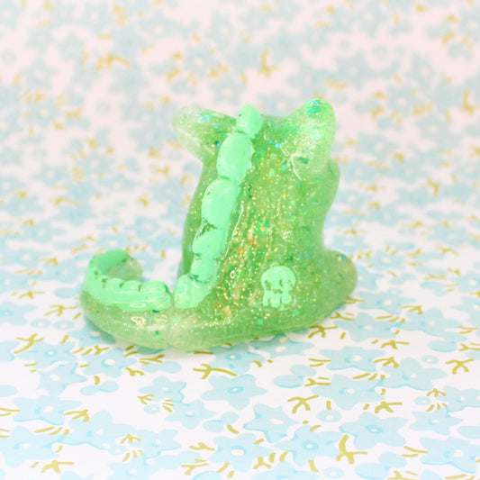 Dinocat Green Glitter Figure. Handmade Resin Art Toy Mini Fig / Adorable Cat Dinosaur / Desk Decoration Collectable / Chibi