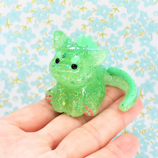 Dinocat Green Glitter Figure. Handmade Resin Art Toy Mini Fig / Adorable Cat Dinosaur / Desk Decoration Collectable / Chibi