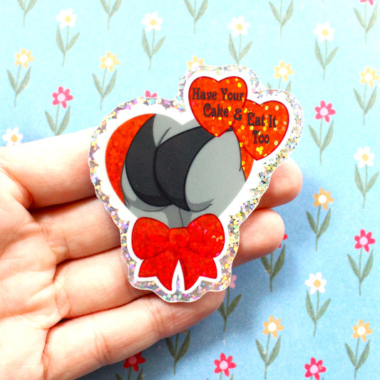 Have Your Cake & Eat it Too Sticker. Pinup Butt Valentine Holographic Glitter Sticker. Vintage Goth Laptop Decal.