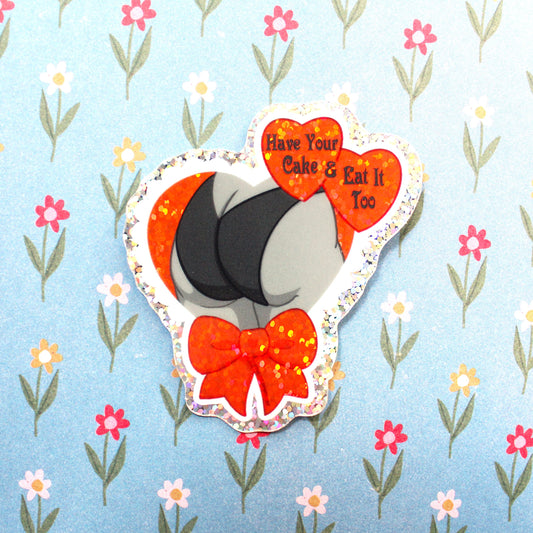 Have Your Cake & Eat it Too Sticker. Pinup Butt Valentine Holographic Glitter Sticker. Vintage Goth Laptop Decal.