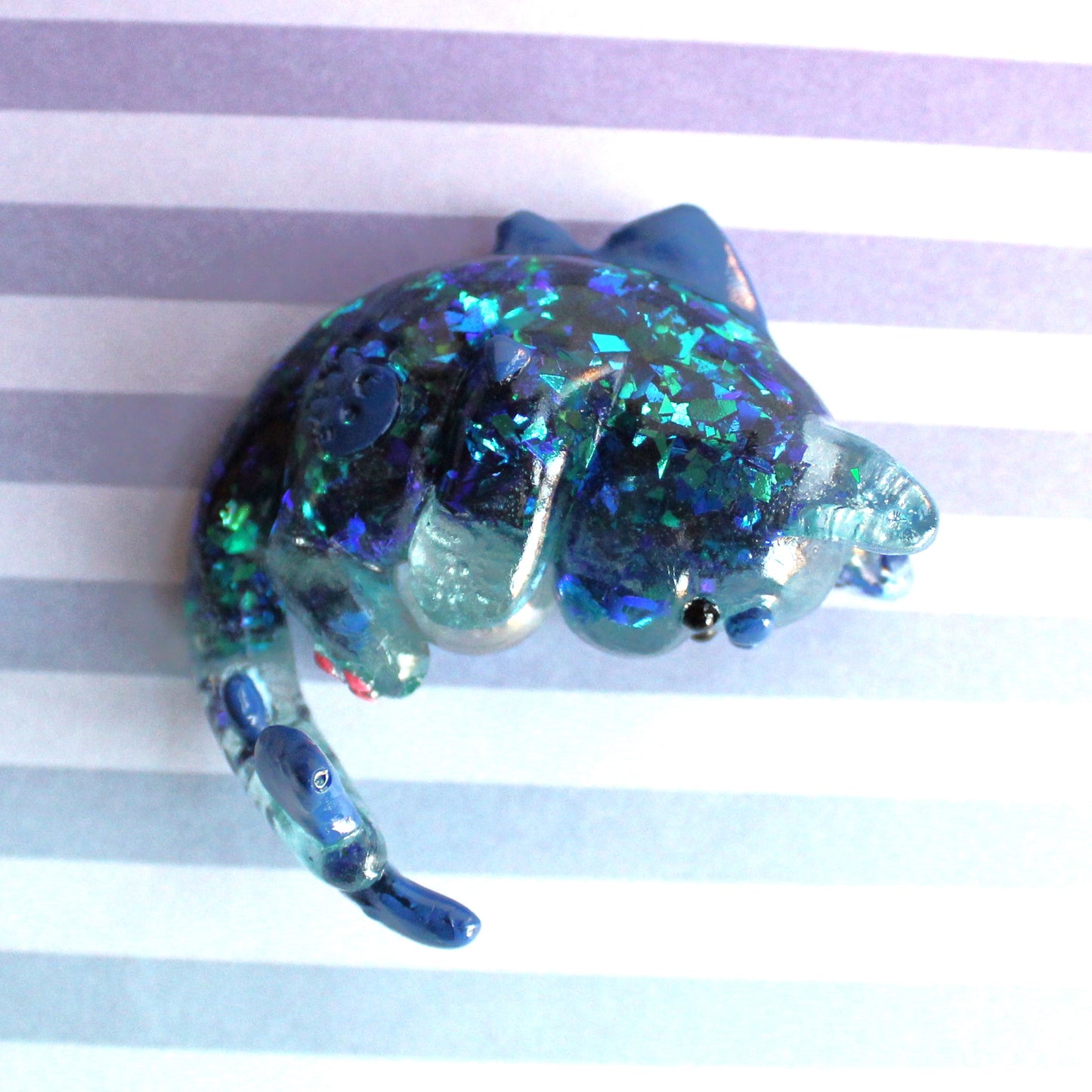 Teal Glitter Shards Cat Shark Figure. Handmade Resin Art Toy Mini Fig. Desk Decoration Collectable. Chibi
