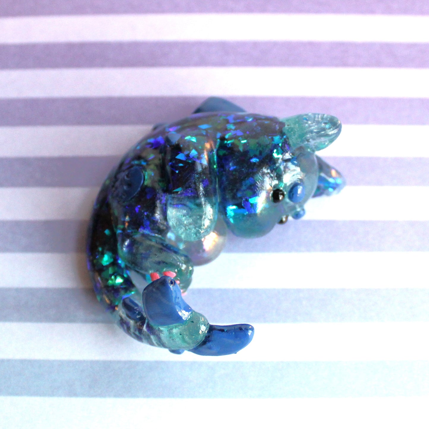 Teal Glitter Shards Cat Shark Figure. Handmade Resin Art Toy Mini Fig. Desk Decoration Collectable. Chibi