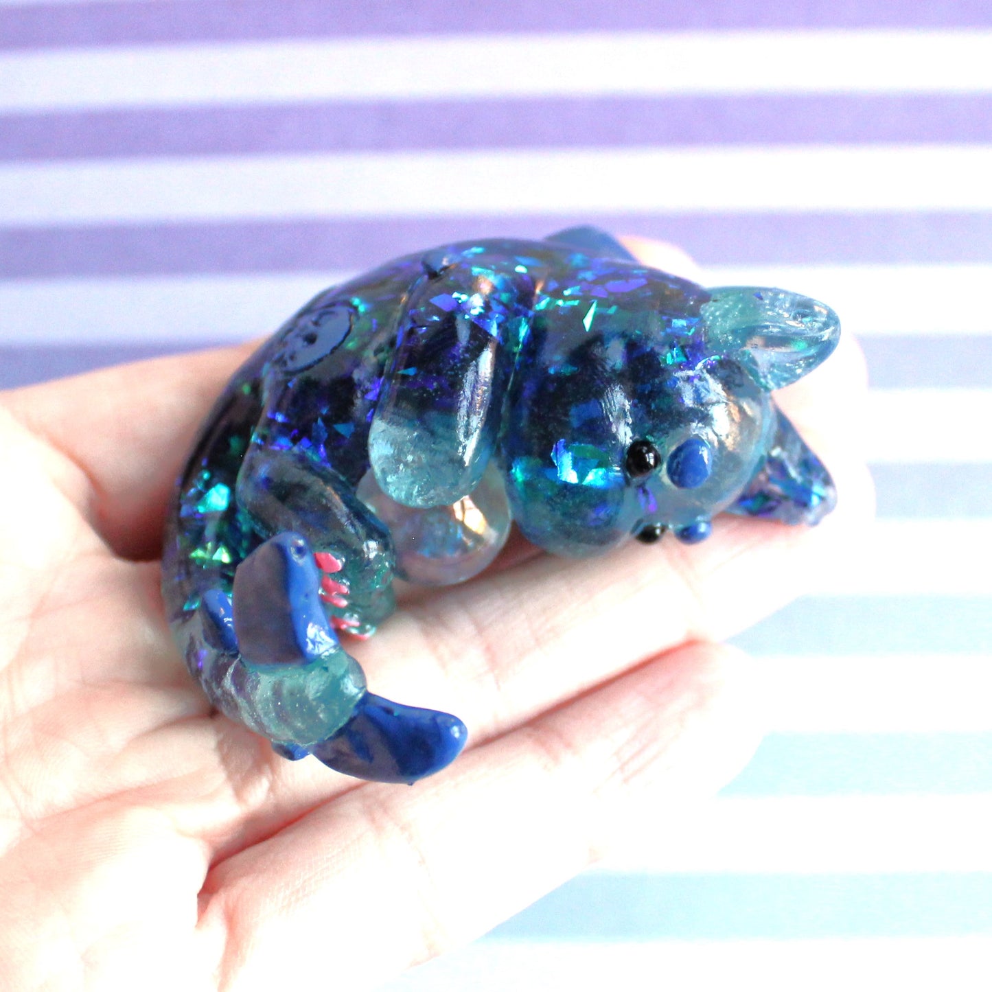 Teal Glitter Shards Cat Shark Figure. Handmade Resin Art Toy Mini Fig. Desk Decoration Collectable. Chibi