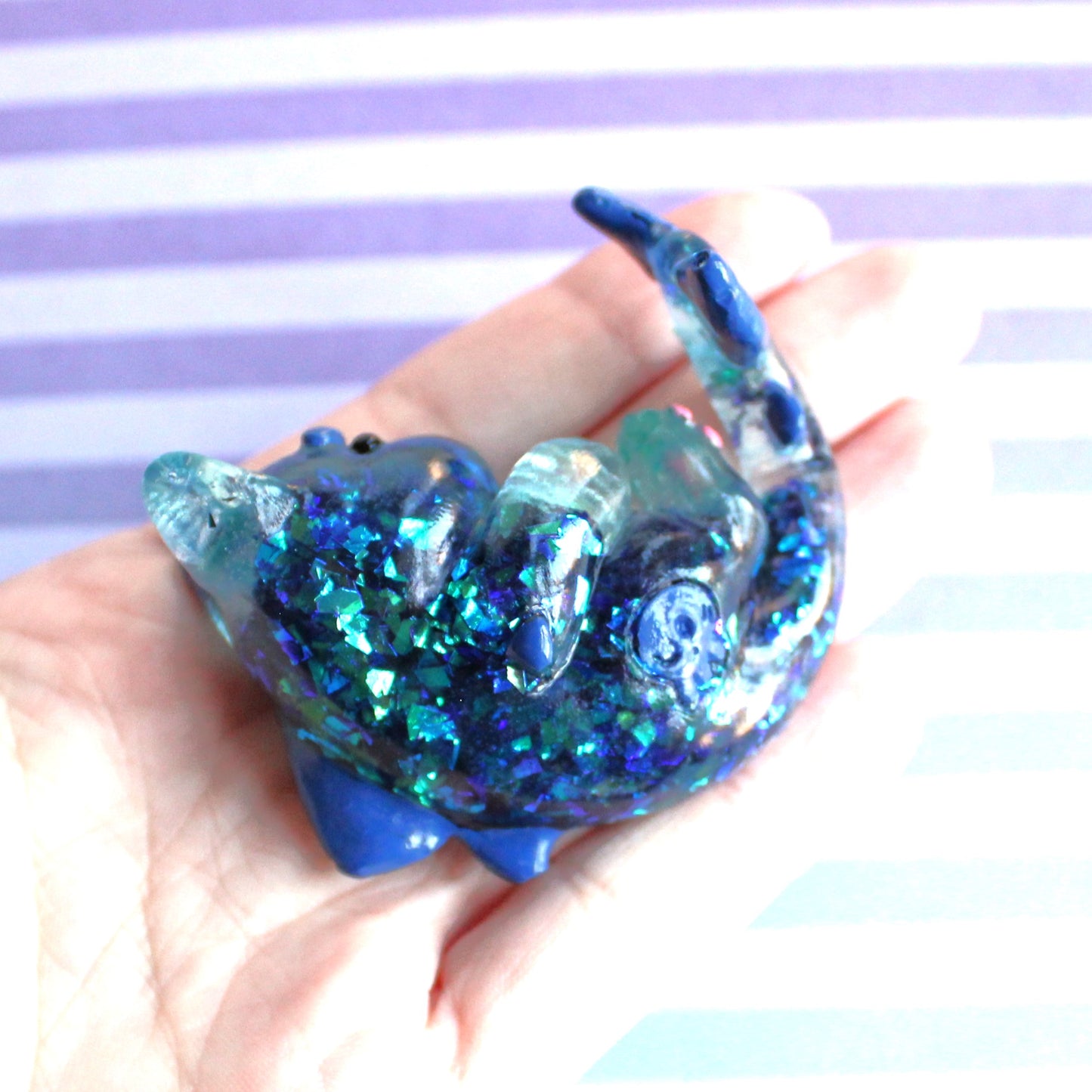 Teal Glitter Shards Cat Shark Figure. Handmade Resin Art Toy Mini Fig. Desk Decoration Collectable. Chibi