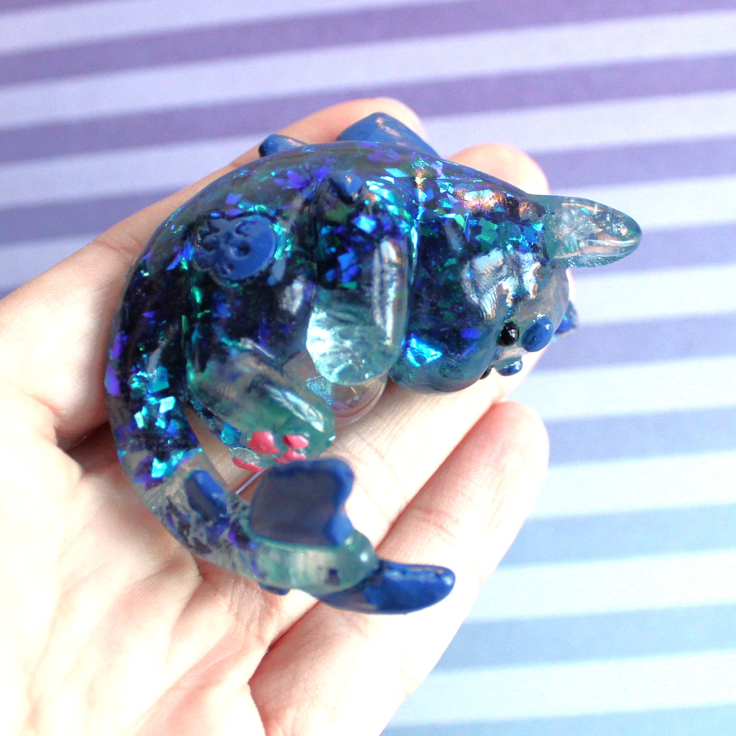 Teal Glitter Shards Cat Shark Figure. Handmade Resin Art Toy Mini Fig. Desk Decoration Collectable. Chibi