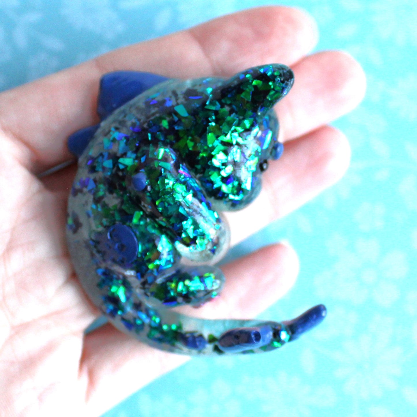Teal Glitter Shards Cat Shark Figure. Handmade Resin Art Toy Mini Fig. Desk Decoration Collectable. Chibi
