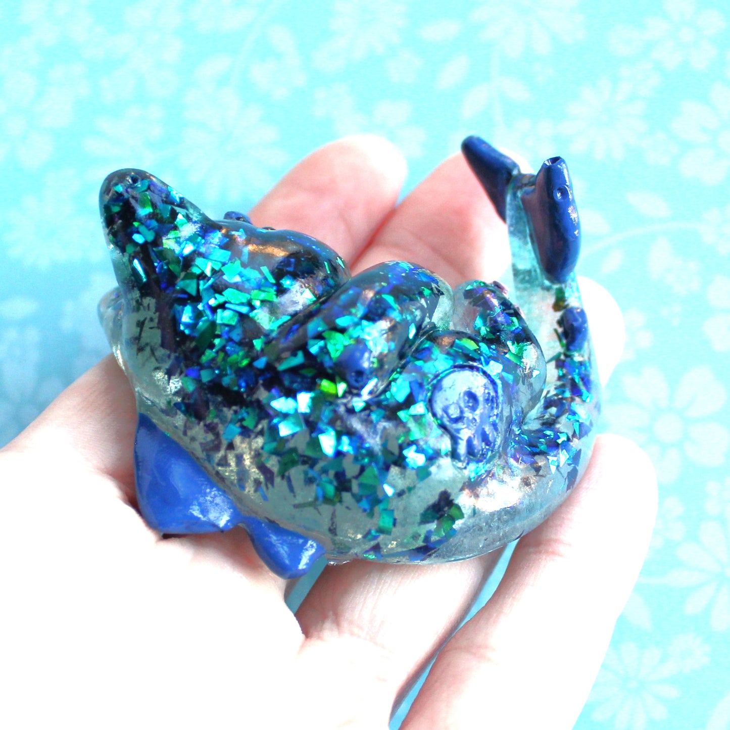 Teal Glitter Shards Cat Shark Figure. Handmade Resin Art Toy Mini Fig. Desk Decoration Collectable. Chibi