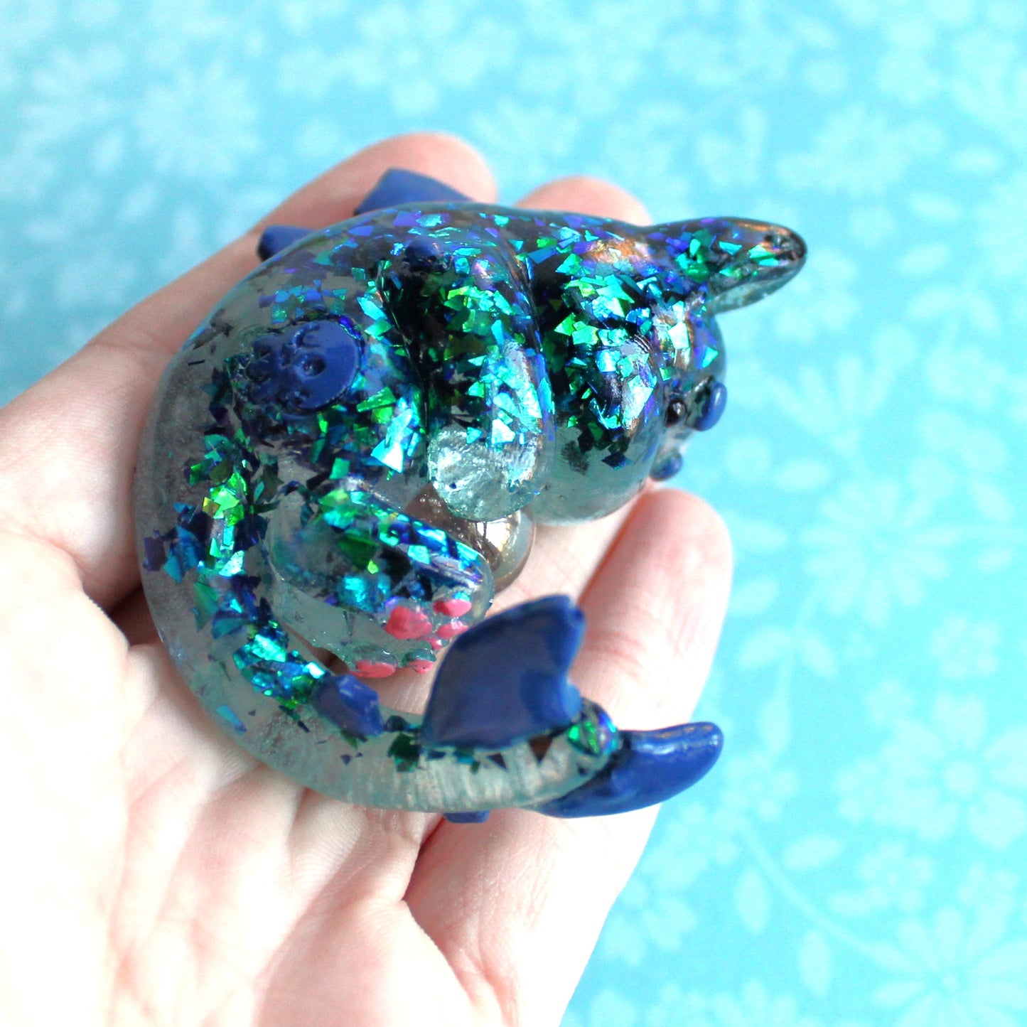 Teal Glitter Shards Cat Shark Figure. Handmade Resin Art Toy Mini Fig. Desk Decoration Collectable. Chibi