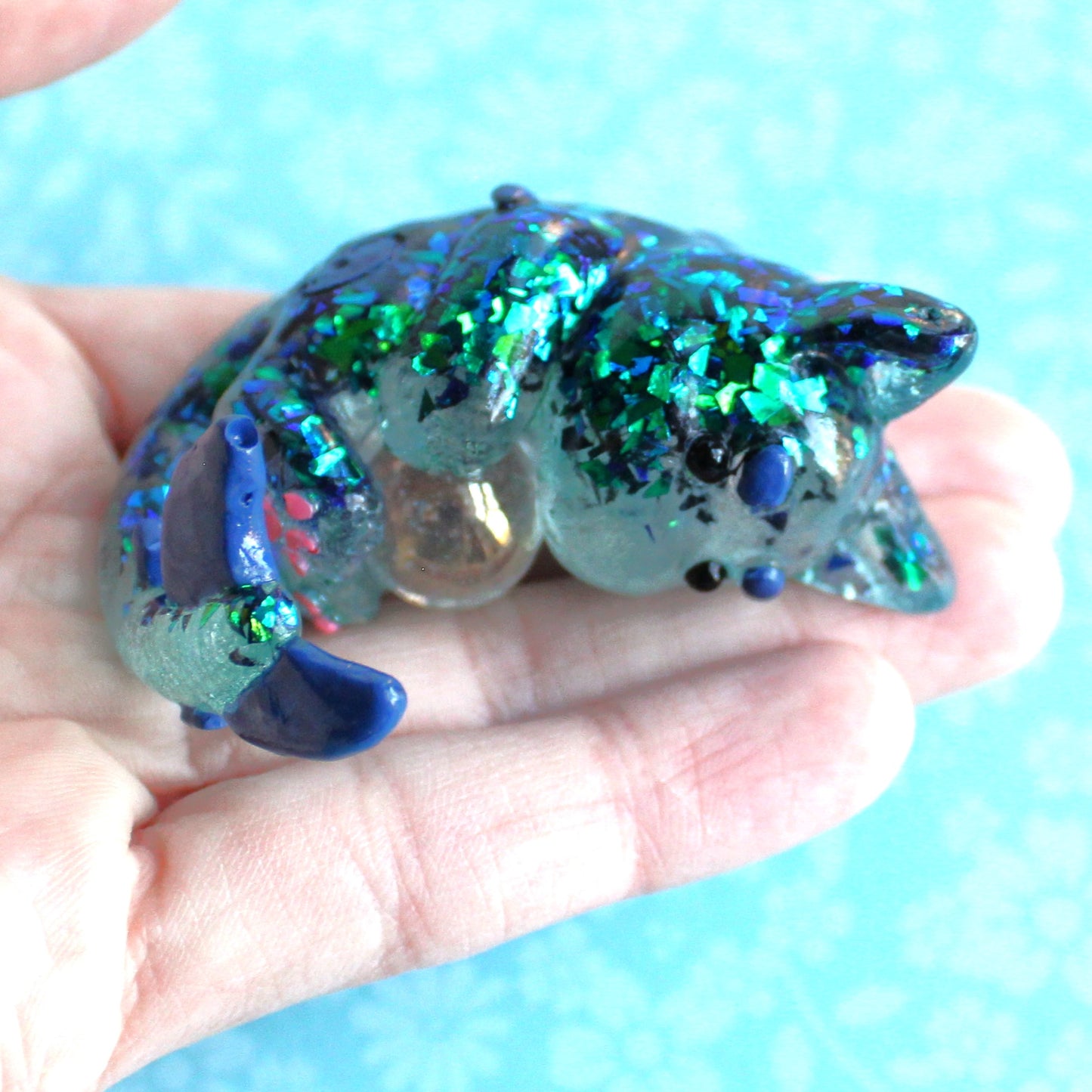 Teal Glitter Shards Cat Shark Figure. Handmade Resin Art Toy Mini Fig. Desk Decoration Collectable. Chibi