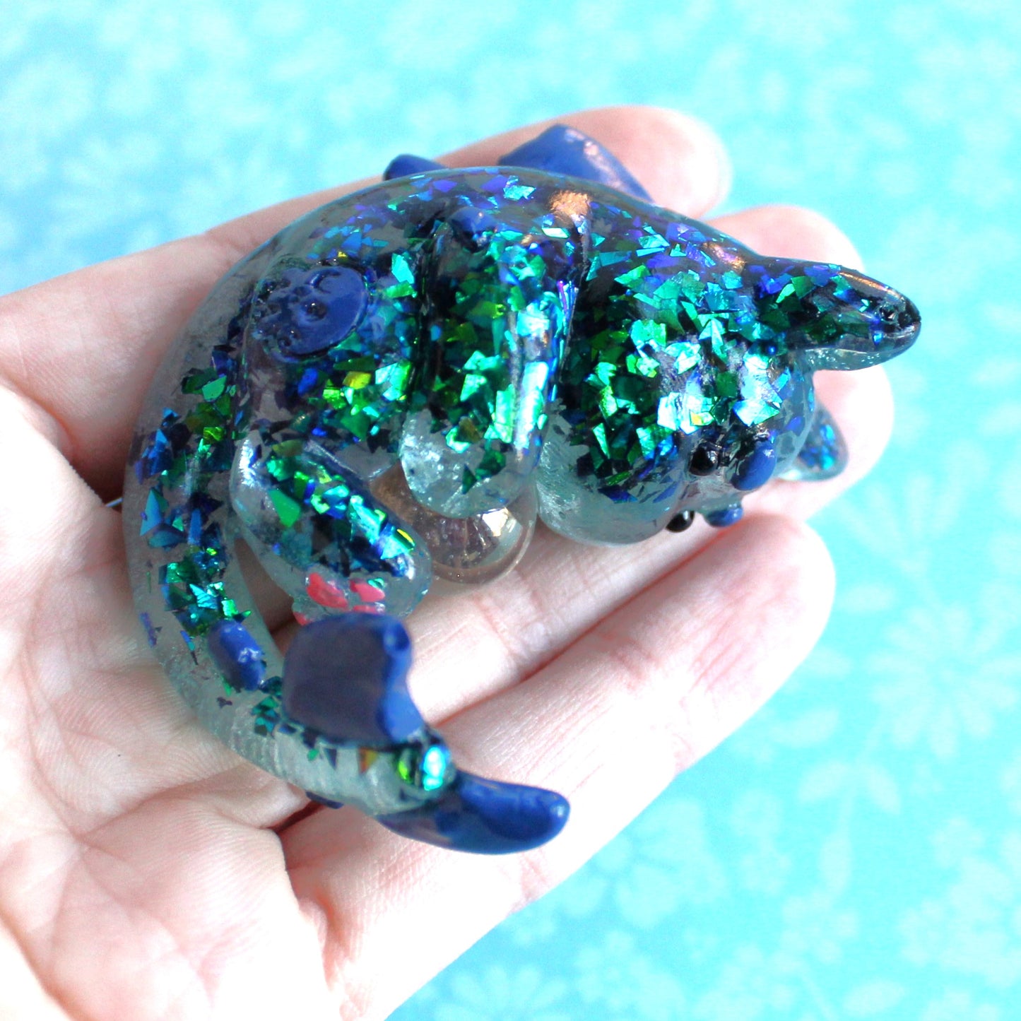 Teal Glitter Shards Cat Shark Figure. Handmade Resin Art Toy Mini Fig. Desk Decoration Collectable. Chibi
