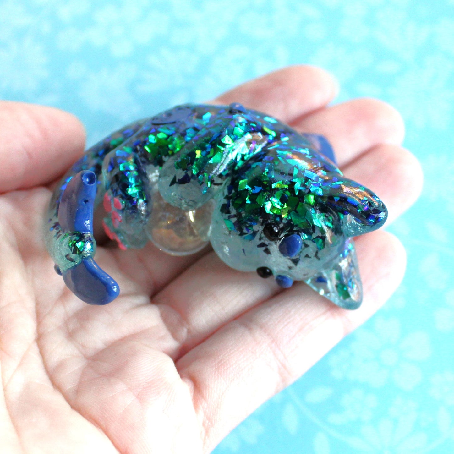Teal Glitter Shards Cat Shark Figure. Handmade Resin Art Toy Mini Fig. Desk Decoration Collectable. Chibi