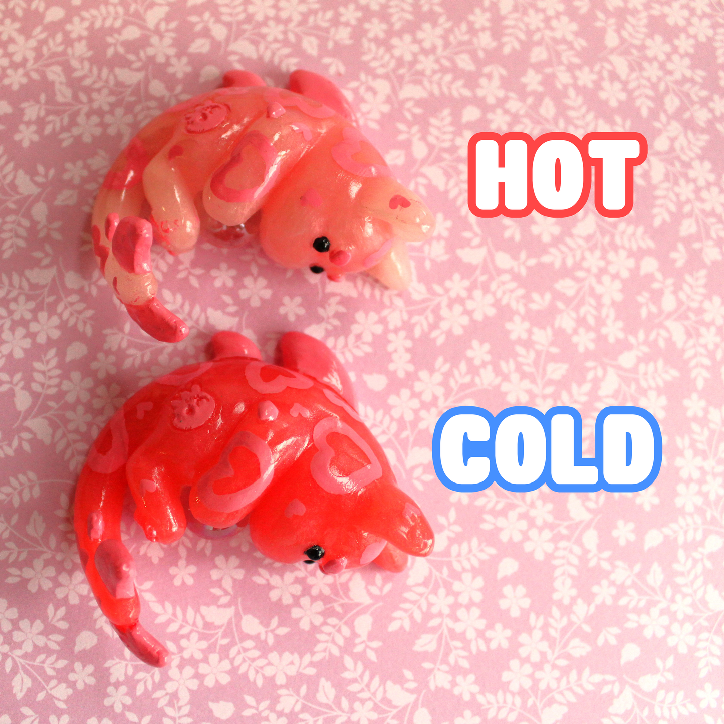 "Leopard Hearts" Cat Shark Figure. THERMAL COLOR CHANGE from Red to White. Handmade Resin Art Toy Mini Fig. Desk Decoration Collectable. Chibi