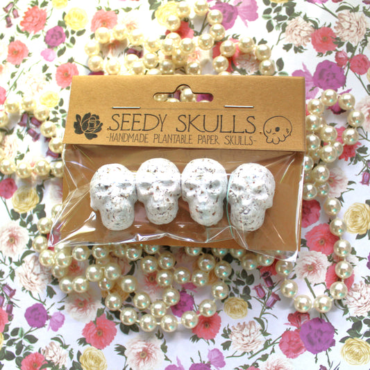 4 Pack White Plantable Paper Skulls / Seed Bombs / Seedy Skulls Pack / Recycled Paper Pulp Craft / Spring Summer Small Gift / Skull Flowers