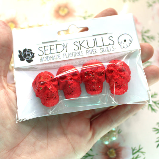4 Pack Red Plantable Paper Skulls / Seed Bombs / Seedy Skulls Pack / Recycled Paper Pulp Craft / Spring Summer Small Gift / Wild Flowers