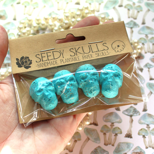 4 Pack Teal Plantable Paper Skulls / Seedy Skulls Pack/ Seed Bombs / Skull Flowers / Goth Wedding Favors / Halloween Wedding Bridal Gift