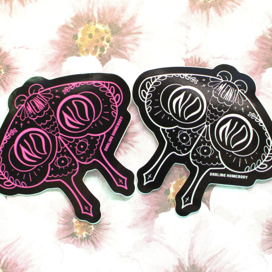 No Means No Moth Sticker. Pink or White Lines with Black. Weatherproof and Dishwasher Safe Vinyl Sticker. Goth Witch Aesthetic.