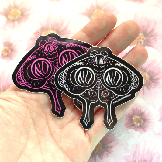 No Means No Moth Sticker. Pink or White Lines with Black. Weatherproof and Dishwasher Safe Vinyl Sticker. Goth Witch Aesthetic.