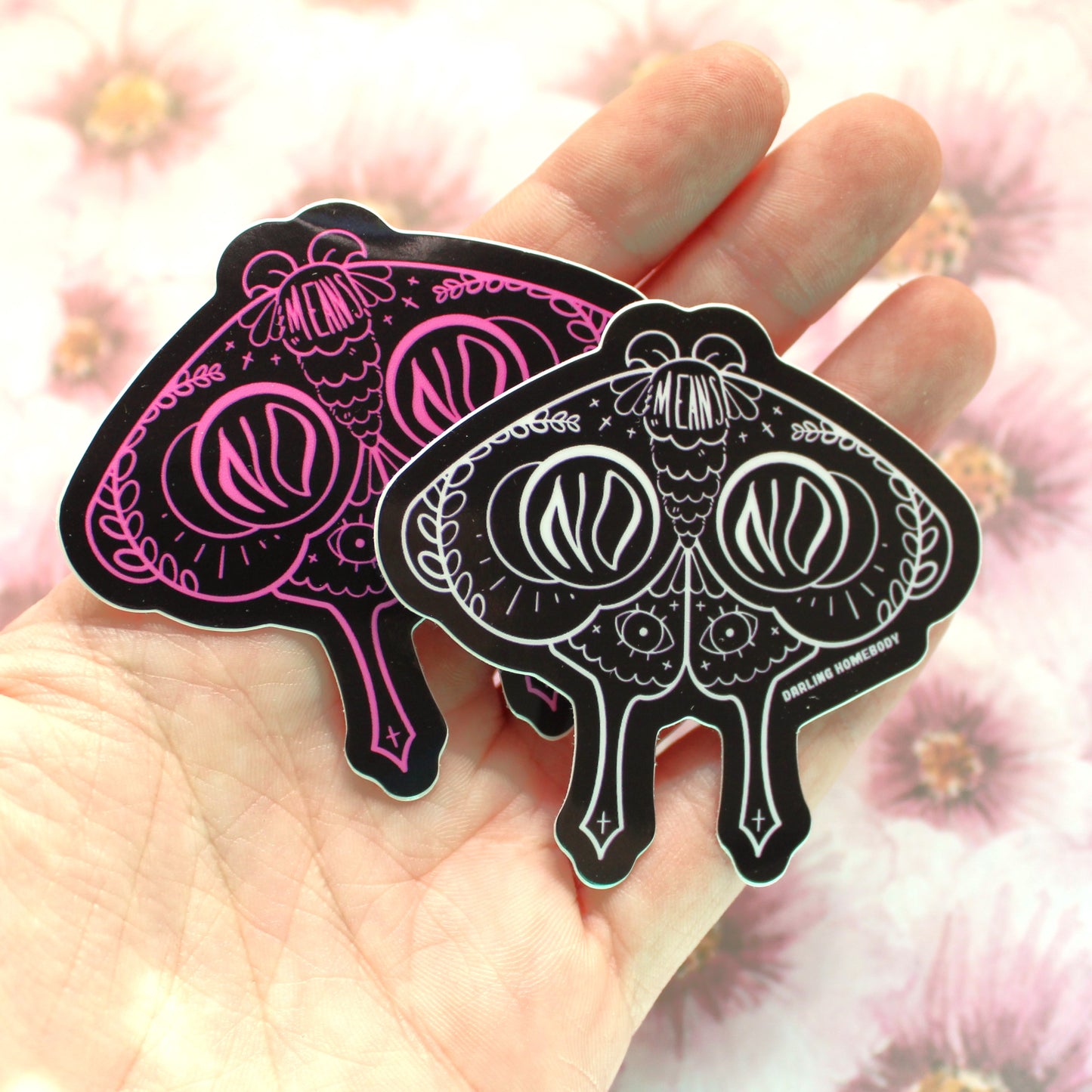 No Means No Moth Sticker. Pink or White Lines with Black. Weatherproof and Dishwasher Safe Vinyl Sticker. Goth Witch Aesthetic.