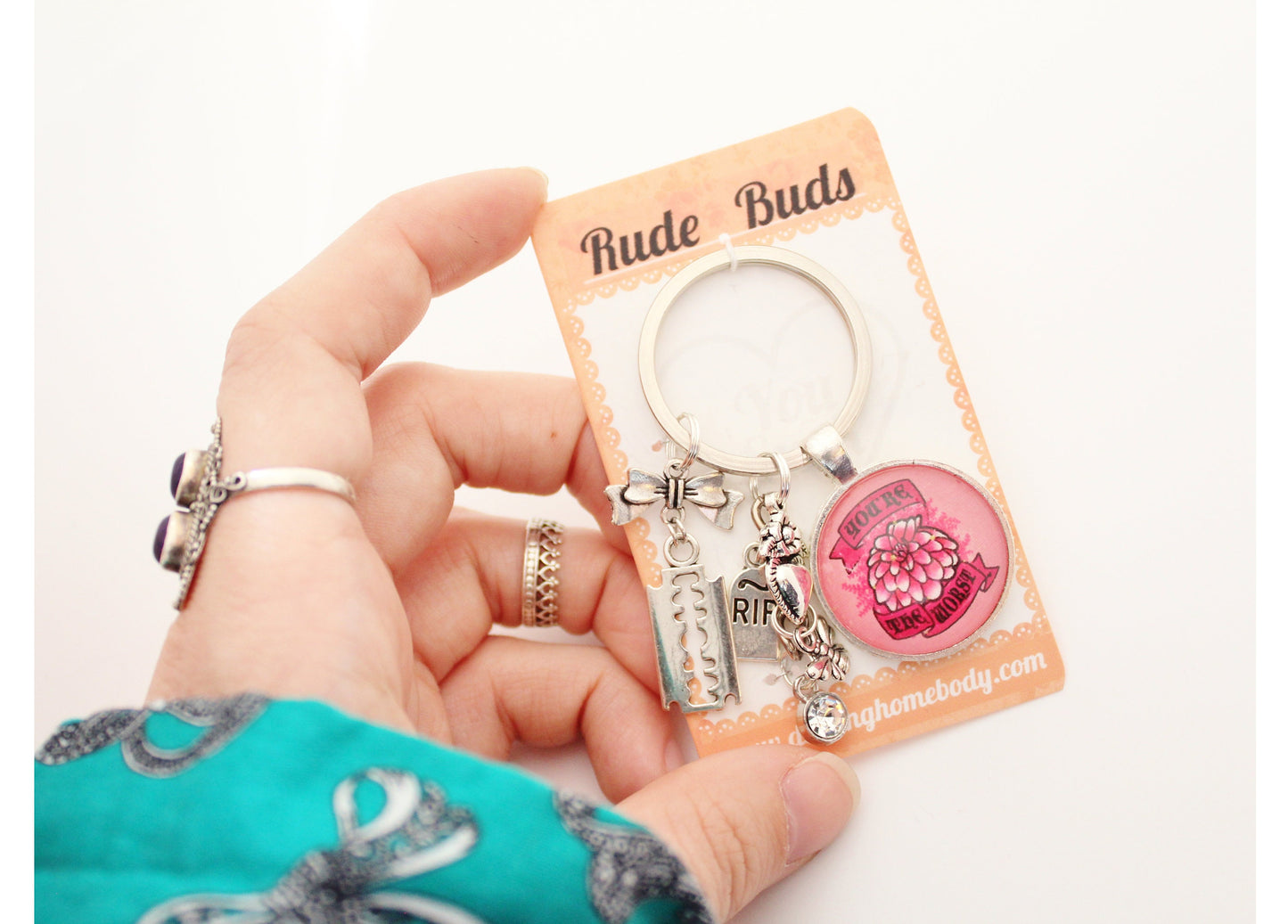 Youre The Worst Rude Buds Key Chain. Sarcastic Flower Keychains for Women. Funny Feminist Accessory. Pink Pastel Goth Keychain Charm.