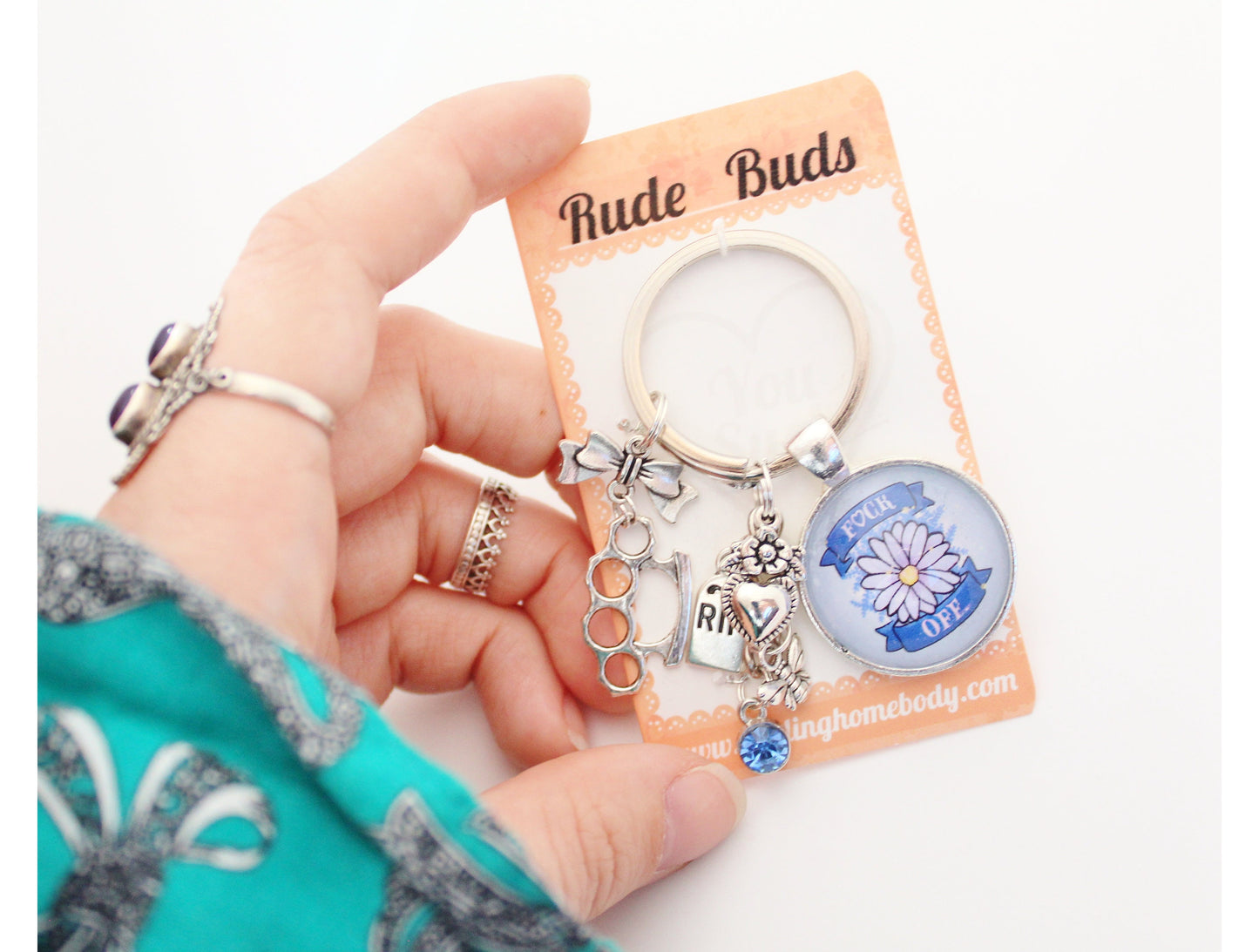 F*ck Off Rude Buds Key Chain. Cute Flower Petal Keychain. Pastel Punk Key Charm. Sarcastic Accessory for Car Keys. Kawaii Goth Keychain.