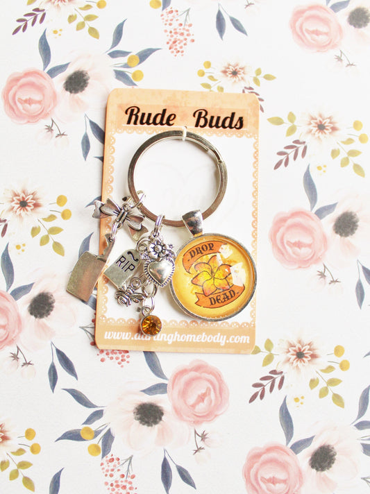 Drop Dead Rude Buds Keychain. Pastel Flower Keychains for Women. Decora Charm. Sarcastic Keychain Accessories. Small Birthday Gift for Her.