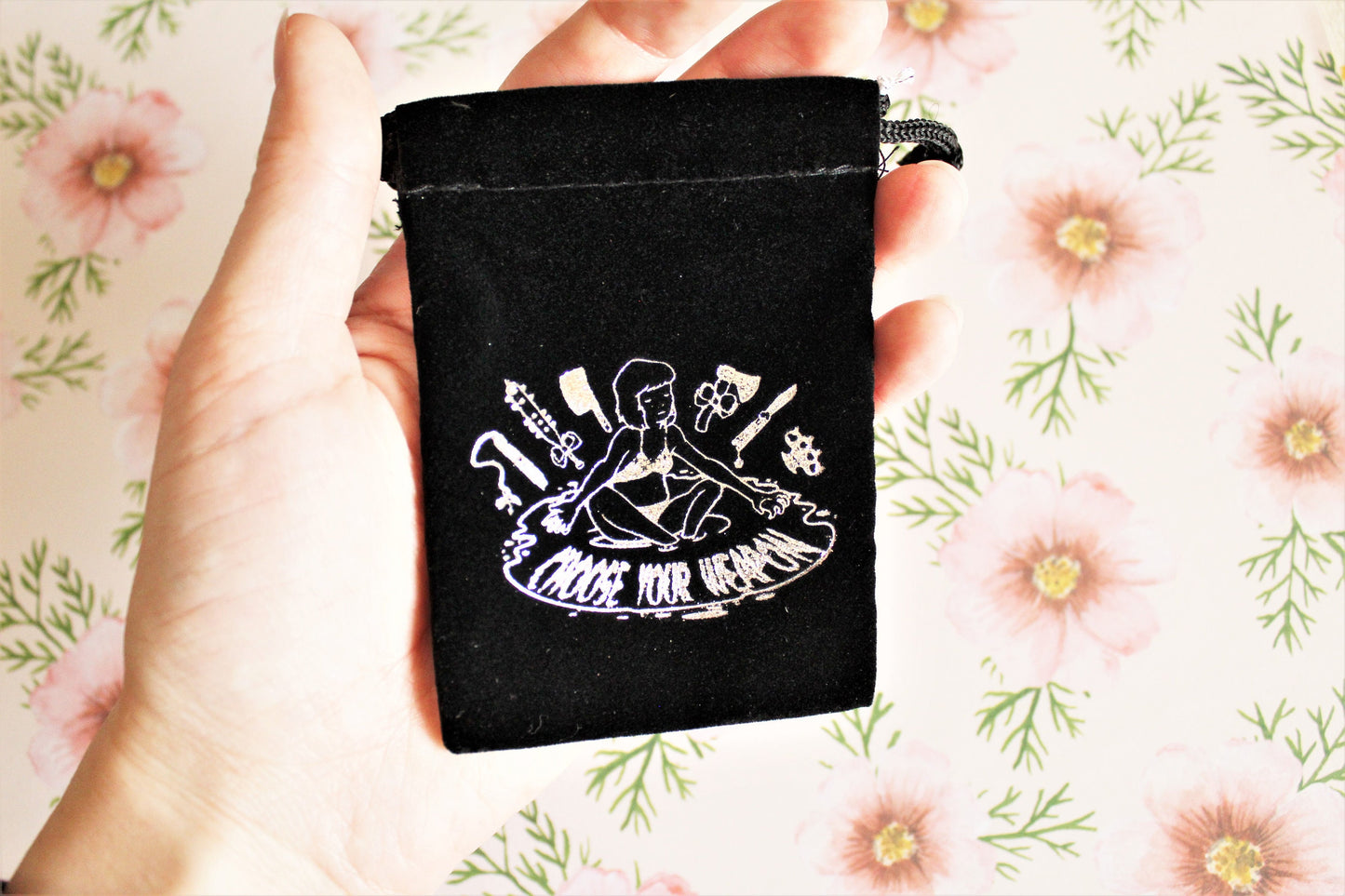 Small Black Velvet Pouch. Drawstring Crystal Bag. Jewelry Holder. Tarot Gift. Witchy Present. Choose Your Weapon. Silver Screen Print.