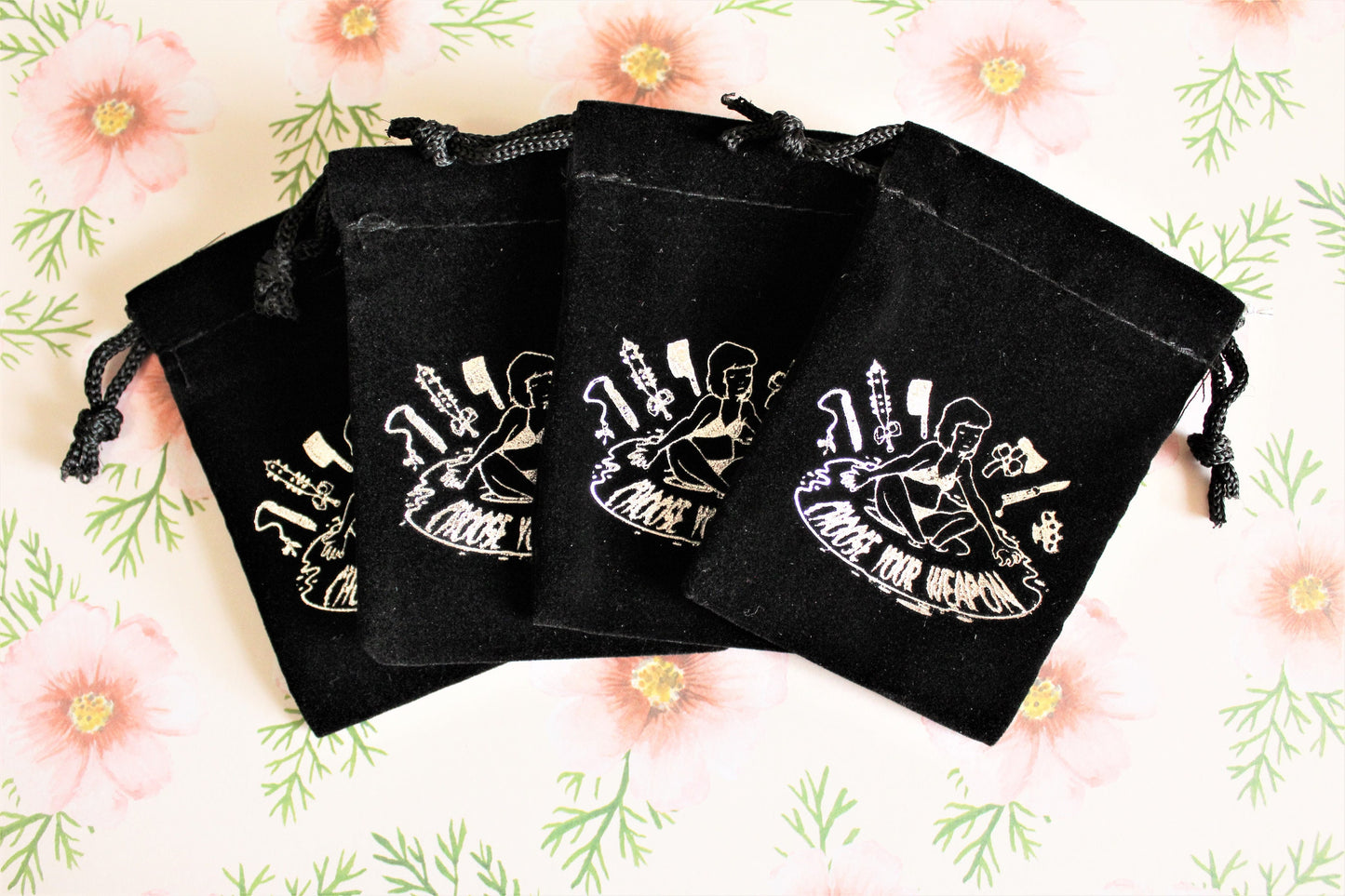Small Black Velvet Pouch. Drawstring Crystal Bag. Jewelry Holder. Tarot Gift. Witchy Present. Choose Your Weapon. Silver Screen Print.