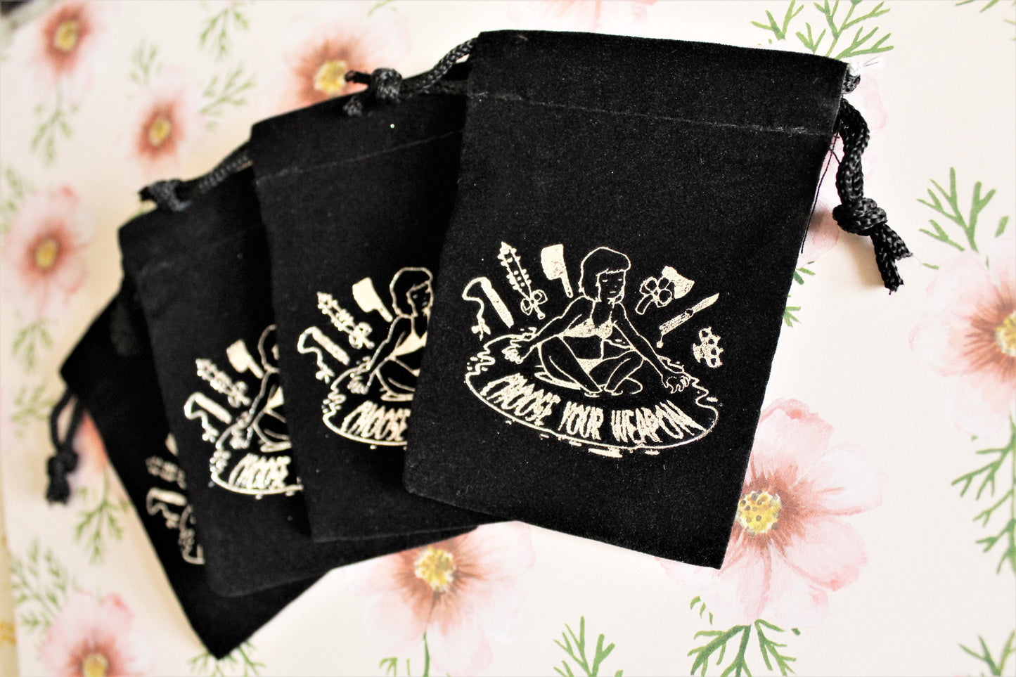 Small Black Velvet Pouch. Drawstring Crystal Bag. Jewelry Holder. Tarot Gift. Witchy Present. Choose Your Weapon. Silver Screen Print.