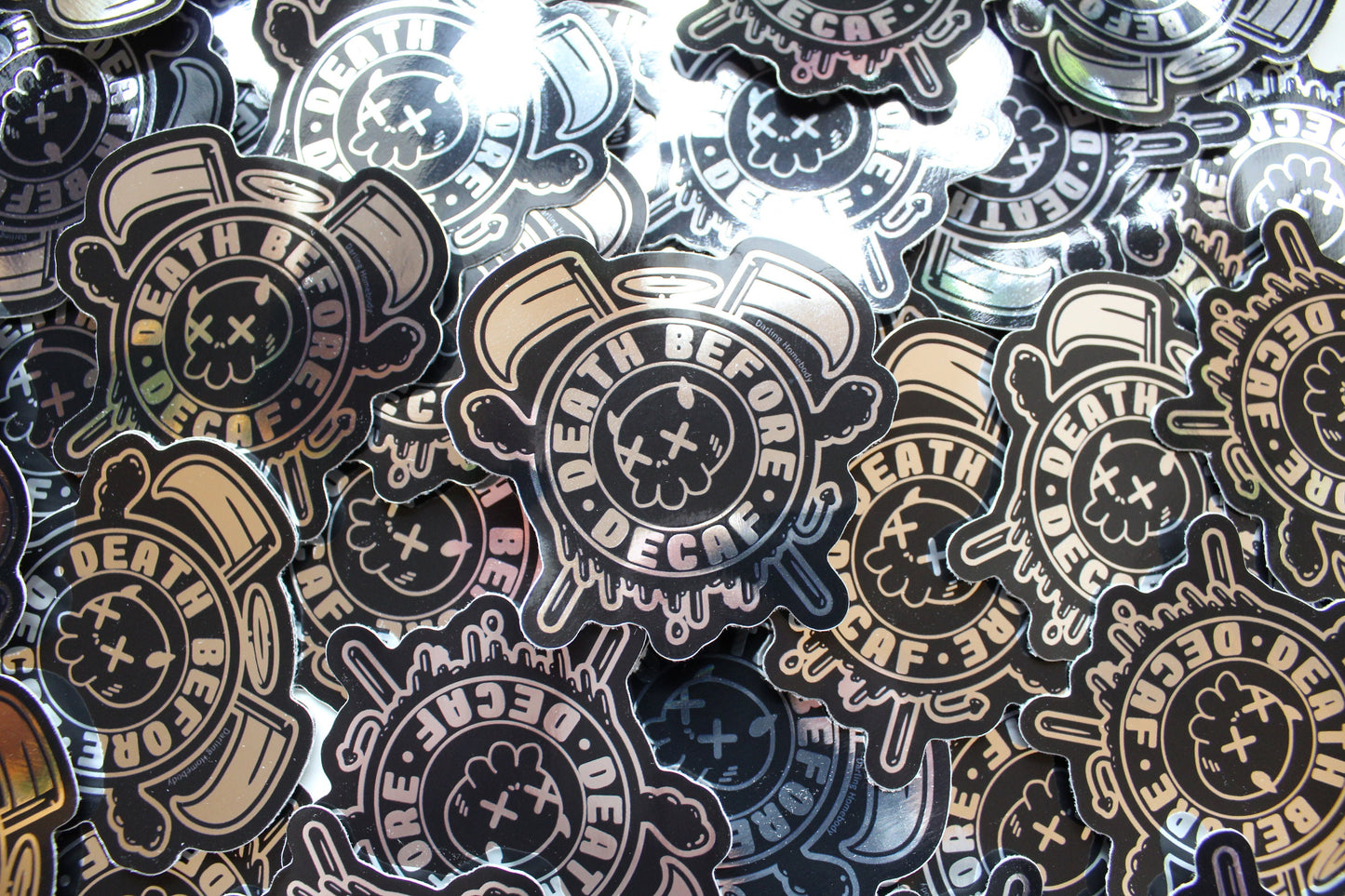 Weatherproof Vinyl Sticker. Chrome Death Before Decaf Decal. Coffee Lover Gift Idea. Grim Reaper Travel Mug Sticker. Hardcore Skull Sticker.